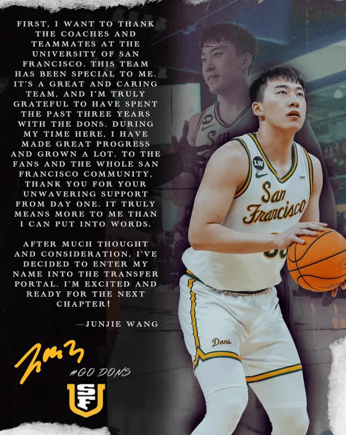 开云体育APP-王俊杰致谢旧金山大学：感谢旧金山大学的教练和队友们